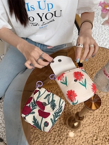 Portable floral canvas mini storage pouch with metal snap button and hanging hook