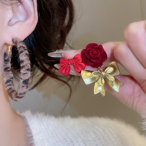 Detailed shot of leopard print earrings and red velvet rose jewelry set on white fabric