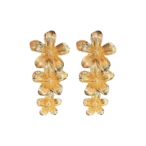 Elegant gold flower tassel drop earrings featuring three layers of vertical floral motifs
