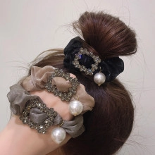 Velvet hair scrunchies with square rhinestone buckle and pearl charms in various colors