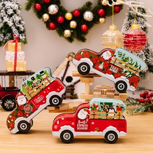 Christmas Truck Shape Tinplate Box Candy Storage Container Holiday Party Gift Packaging Reusable Metal Car Jar