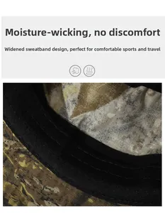 Detail view of the camouflage sun hat featuring a widened moisture-wicking sweatband