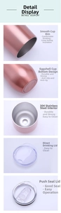 Close-up of 12oz rose gold egg cup showing 304 stainless steel interior and dual lids
