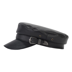 Classic black faux leather military hat with retro silver buckle belt decoration
