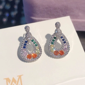 Rainbow pear-cut drop earrings with colorful gemstones and pavé crystals on silver base