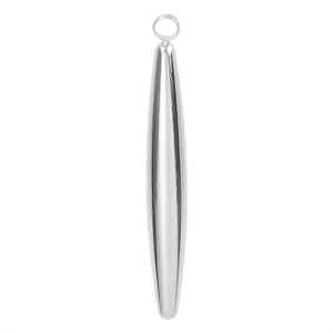 Macro shot of slender silver 304 stainless steel drop pendant with polished smooth surface