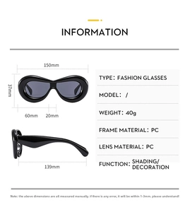 Detailed size chart and technical specifications for these Y2K chunky bubble sunglasses