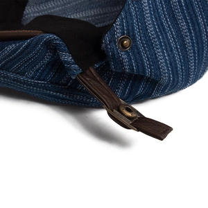 Blue striped cotton flat cap with premium brown leather adjustable strap and metal buckle