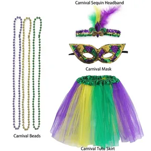 Mardi Gras costume set with purple sequin headband, mask, bead necklaces and tutu skirt