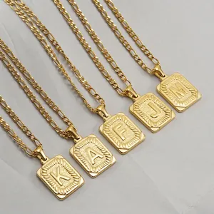 Collier Pendentif Lettre Initiale Acier Inoxydable Plaqué Or 18K Carré Alphabet Chaîne Figaro Style Vintage