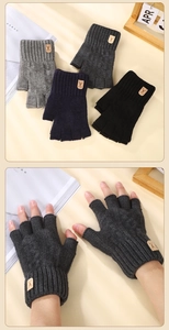 Detailed close-up of knit fingerless gloves with leather logo patch in four colors