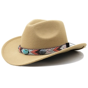 Detail of khaki wool felt cowboy hat featuring ethnic woven band and turquoise stones
