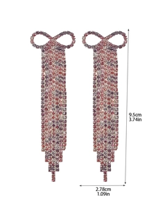 Detailed dimensions of crystal bow tassel earrings with pink and purple rhinestones