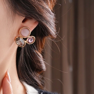 Vintage oval earrings with cat eye stone and smoky crystal in gold-tone setting