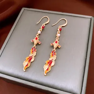 New Chinese koi carp drop earrings with pearl and enamel tassels in gold finish