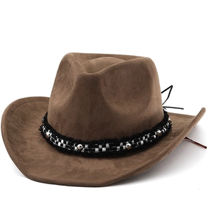Western Cowboy Hat Faux Suede Wide Brim With Checkered Ribbon And Metal Beads Vintage Fedora Jazz Style For Men Women