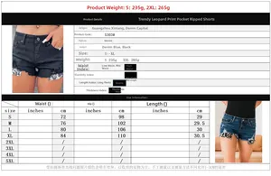 Gedetailleerde maattabel voor denim shorts met hoge taille, luipaardprint zak en distressed look