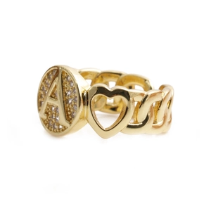 Golden heart open ring with initial A and micro-pave zircons in copper metal finish