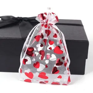 Organza Heart Drawstring Gift Bags Valentine's Day Wedding Party Favor Candy Jewelry Packaging Pouches Gold Stamping Pattern