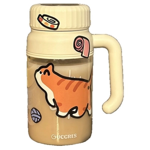 Minimalist high borosilicate glass tea mug with handle and cute cat stickers