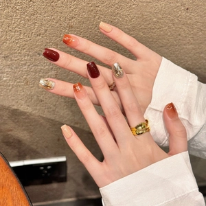Caramel brown gradient press-on nails with wine red and gold glitter square fake nails