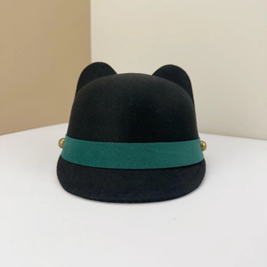 Cute black felt equestrian hat with cat ears and green decorative ribbon with gold buttons