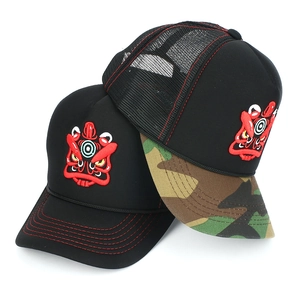 Black cotton snapback cap with red lion embroidery and camo brim mesh trucker hat