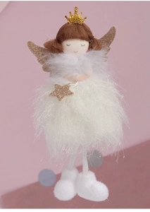 Detail of plush angel ornament with golden crown, sequins wings and white feather dress