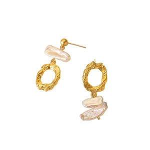 Asymmetrical baroque pearl earrings with vintage gold lava texture and 925 silver studs