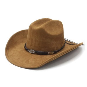 Chapeau de cowboy western en suédine marron avec ceinture à feuilles en métal et bord large