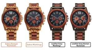 Detail showing four styles of multifunctional sandalwood watches with octagonal wood bezels