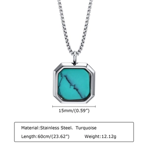 Detailed view of square turquoise pendant with stainless steel chain and dimensions