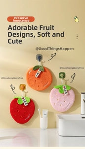 Hanging coral fleece hand towels with cute fruit designs and embroidery for kitchens