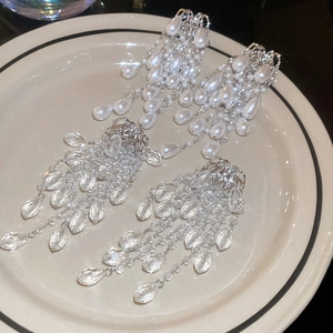 Silver needle pearl water drop tassel earrings with sparkling crystal fringe jewelry