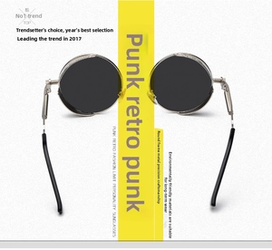 Close-up of retro punk round sunglasses with metal side shields and spring temple detail