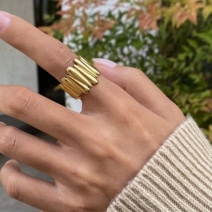 18k gold plated stainless steel chunky ring with wavy teardrop design for women