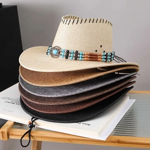 Western Cowboy Hat Woven Straw Wide Brim Sun Protection Bohemian Turquoise Bead Decor Adjustable Wind Rope Ethnic Style