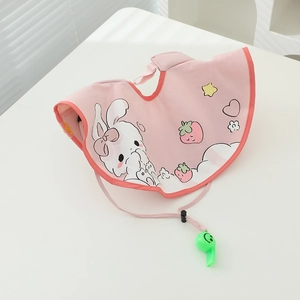 Detail of pink kids sun visor with rabbit print, strawberry patterns and safety whistle