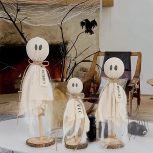 Three-piece Halloween ghost ornaments with white gauze and wooden base for holiday decoration