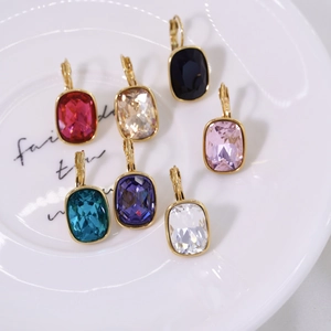 Square-cut colorful crystal leverback earrings in 14K gold plated stainless steel