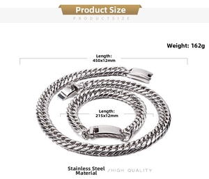 Silver stainless steel curb chain set necklace 450x12mm and bracelet 215x12mm sizing details