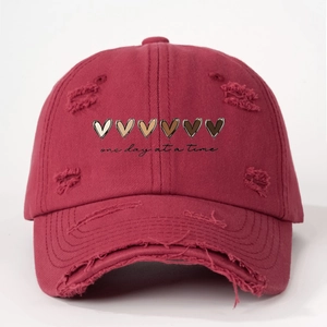 Distressed Baseball Cap Washed Polyester Heart Printed One Day At A Time Slogan Retro Vintage Adjustable Hat