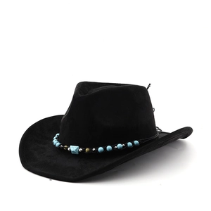 Detail of black suede cowboy hat with turquoise beaded band and metallic accents