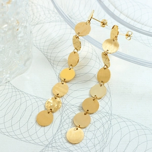 Golden titanium steel dangle earrings with brushed and polished circular discs