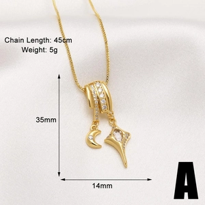 Close-up of gold moon and star pendant necklace with 45cm chain length details