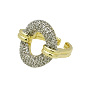 Two-tone interlocking ring in 18k gold and silver finish with sparkling cubic zirconia