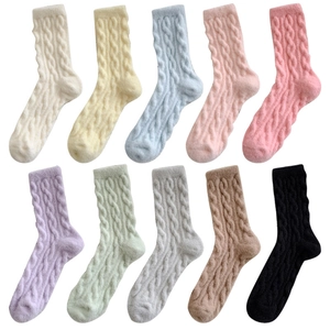 Pack of 10 pairs thick cable knit crew socks in various vibrant candy colors for winter