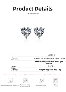 Detailed specs of heart-cut moissanite earrings in 925 silver with 5-layer plating