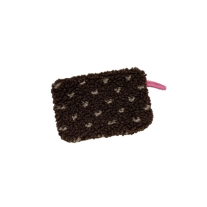 Brown plush coin purse with white dots and pink loop on a white background