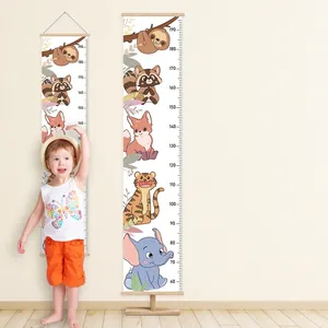 Kids Height Growth Chart Ruler Wood Frame Canvas Hanging Wall Decor Cartoon Animal Dinosaur For Nursery Baby Room
